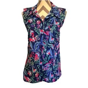 Reel Legends Shirt Womens Medium Blue Mariner Floral Vented Button Up Sleeveless